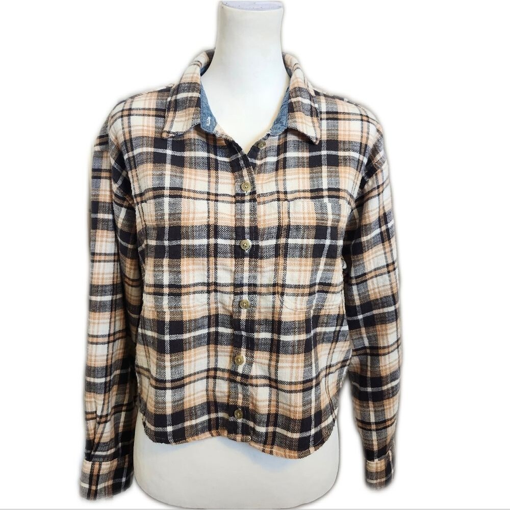 American Eagle 100% Cotton Tan Black White Plaid Cropped Flannel Shirt, M